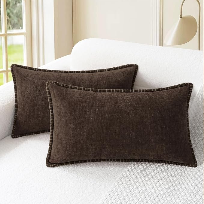 CaliTime Throw Pillow Covers Decorative 12 X 20 Inches Pack of 2 Cotton Thread Stitching Edges Solid Dyed Soft Chenille Cushion Cases for Couch Sofa Bed Living Room Farmhouse Coffee