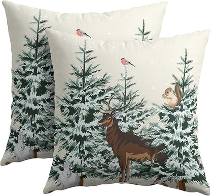 Christmas Tree Pillow Covers 20x20 Set of 2 Deer Animal Print Decorative Outdoor Dark Green Xmas Throw Pillow Cases Rustic Snow Winter Holiday Decoration Farmhouse Sofa Couch Cushion Cover Bed Decor
