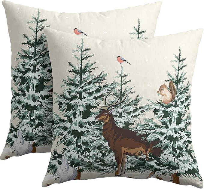 Christmas Tree Pillow Covers 22x22 Set of 2 Deer Animal Print Decorative Outdoor Dark Green Xmas Throw Pillow Cases Rustic Snow Winter Holiday Decoration Farmhouse Sofa Couch Cushion Cover Bed Decor