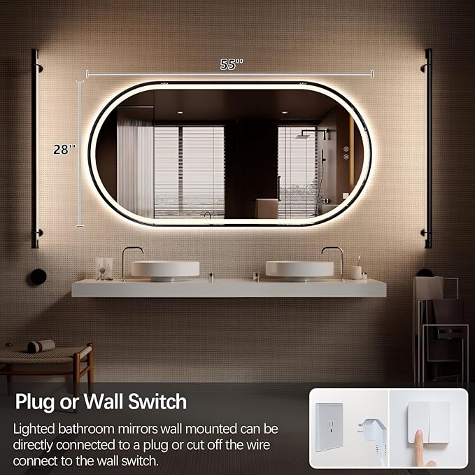 Niccy Oval LED Mirror for Bathroom, 55x28 Front Lit + Backlit Vanity Mirrors with Light Anti-Fog, Shatter-Proof, 3 Colors, Makeup Mirror with Old Black Frame (Horizontal/Vertical)