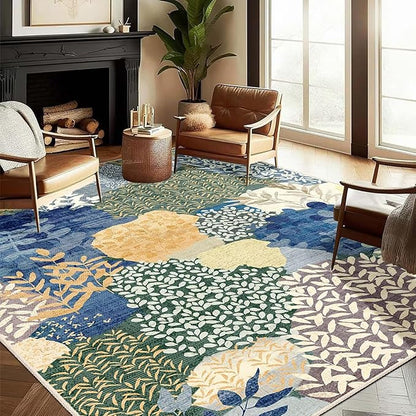 DEXDE Washable Area Rugs 6x9 for Living Room, Floral Large Rug Boho Print Vintage Low Pile Non Slip Carpet for Bedroom Kids Room Nursery Office Dinning Room,Blue