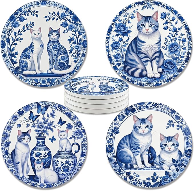 zcyhtqp, Funny Absorbent Round Ceramic Stone Coasters Set of 4 with Cork Base, Chinoiserie Cat Coasters, Gifts for Home, Kitchen, Bar, Office Table Décor