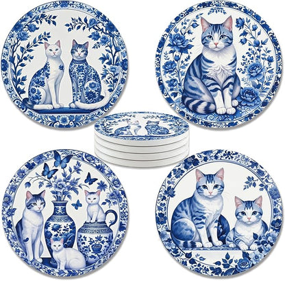 zcyhtqp, Funny Absorbent Round Ceramic Stone Coasters Set of 4 with Cork Base, Chinoiserie Cat Coasters, Gifts for Home, Kitchen, Bar, Office Table Décor