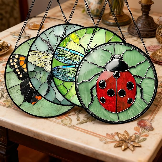 Stained Glass Window Hanging 4 Pcs Set Butterfly Dragonfly Bee Ladybug Large 15" - Suncatcher Door Garden Sun Catcher Decor Birthday Mother's Day for Mom Woman Nana Men