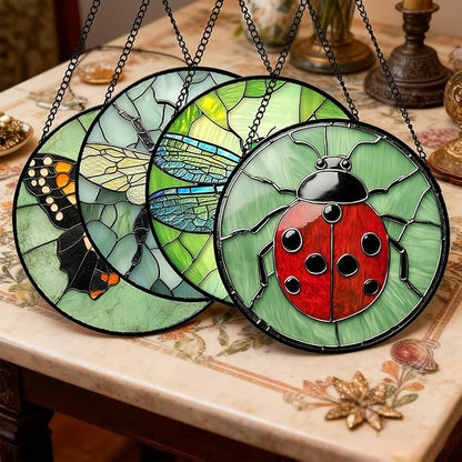 Stained Glass Window Hanging 4 Pcs Set Butterfly Dragonfly Bee Ladybug Large 15" - Suncatcher Door Garden Sun Catcher Decor Birthday Mother's Day for Mom Woman Nana Men