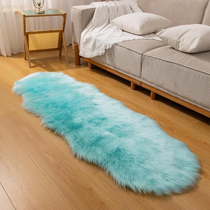 Faux Fur Rug Runner 2x6 ft Blue - Machine Washable Super Soft Plush Shaggy Fluffy Area Carpet,Sheepskin Rug Fuzzy Floor Mat for Bedroom, Sofa,Living Room, Bedside, Nursery & Kids Room