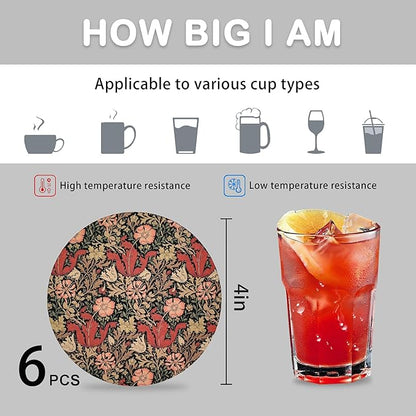 Coasters for Drinks Absorbent with Holder,William Morris Floral Sets of 6 Durable Cup Coaster for Coffee Table Protection,Great Housewarming Birthday Gifts,Home Decor