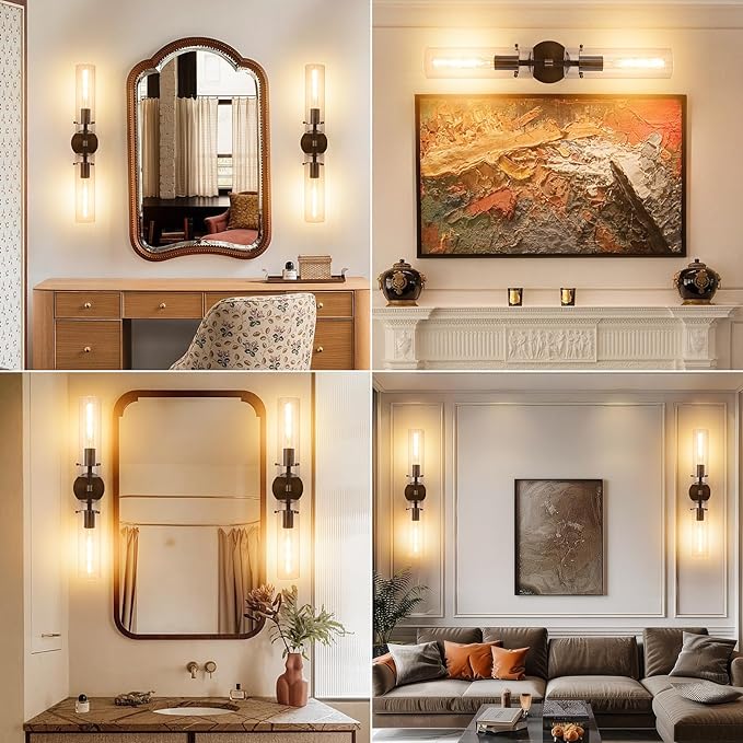 Brass Bronze 2-Light Knurled Wall Sconce, Dual-Head Vanity Lamp Set of Two with Clear Glass Tube, Bathroom Wall Sconces, Wall Lights for Living Room Bedroom Hallway Kitchen Bathroom Mirror
