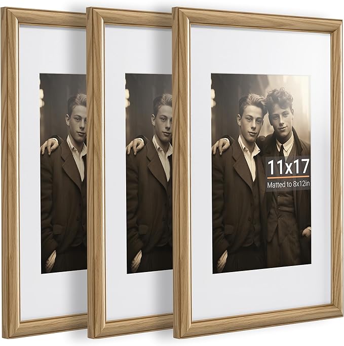 Heimlove 11x17 Picture Frame,11 x 17 Solid White Oak Photo Frame Matted to 8x12 with Tempered Glass,11"x14" Handcrafted wood Poster Frame,Vertical or Horizontal Wall Hanging Display,3 Pack