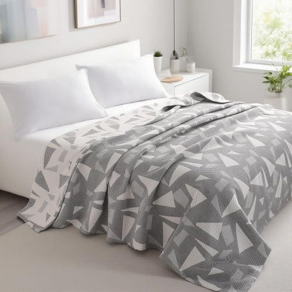 NTBAY 3 Layers Cotton Muslin 88x92 Queen Bed Blanket, Super Soft Breathable Thermal Yarn Dyed Quilt for Adults, Perfect Lightweight Blanket for Couch Sofa Bed All Seasons, Grey Triangle