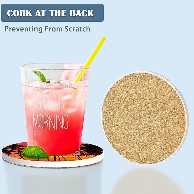Coasters for Drinks, Set of 4 Absorbent Ceramic Coasters, Tropical Sunset Palm, Round, 4 Inches