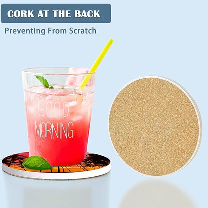 Coasters for Drinks, Set of 4 Absorbent Ceramic Coasters, Tropical Sunset Palm, Round, 4 Inches