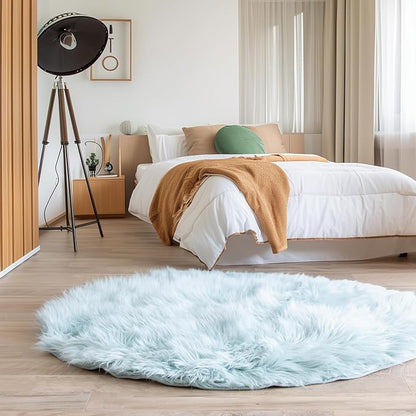 Super Area Rugs Ultra Soft & Fluffy Faux Sheepskin Rug, Teal 5 X 5 Round Carpet for Bedroom Living Room