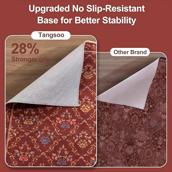 Tangsoo 2x6 Washable Runner Rug for Hallways, Non Slip Red Floral Carpet Runner, Soft Low Pile Floor Carpet Runner for Kitchen, Laundry, Bedroom, Bathroom, Living Room Home Decor