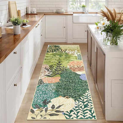 DEXDE Runner Rug 2x6 Washable Hallway Boho Soft Green Area Rugs Abstract Long Non Slip Botanical Leaves Floral Print Carpet for Entryway, Kitchen, Laundry, Bathroom, Bedroom