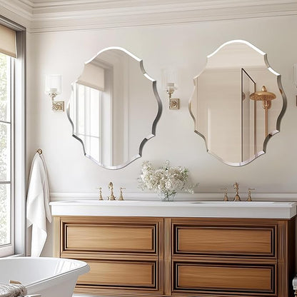 Frameless Scalloped Wall Mirror: Decorative Scallop Oval Mirrored Glass Vanity with Beveled Silver Edge for Bathroom Bedroom Livingroom Dining Room Entryway Hallway, 28 x 22 inch
