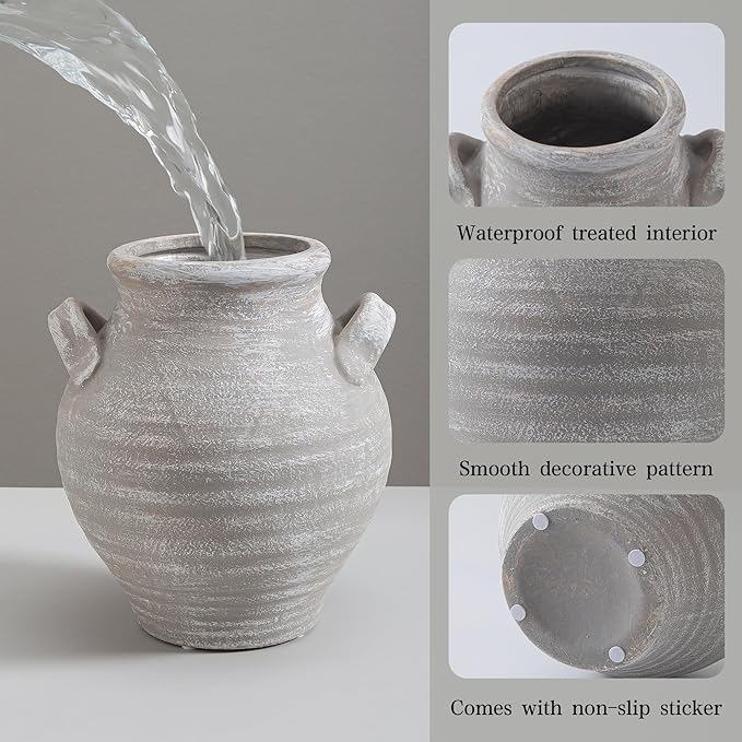 Ceramic Farmhouse Flower Vase, 7.36 Inch Rustic Decorative Vintage Vases for Home Decor Table Living Room Kitchen Bedroom Shelf Mantel Wedding Centerpiece