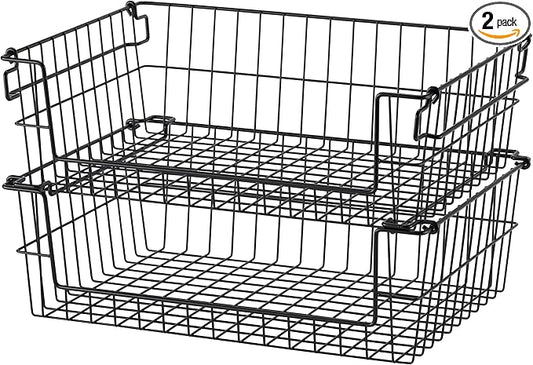 TRINITY 2-Pack Stackable Metal Wire Storage Baskets With Handles, Black, 19 Inches
