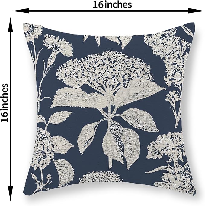 Blue Pillow Covers 16x16 Set of 2 Boho White Floral Throw Pillows Hydrangea Herbs Botanical Decoration Pillowcase Linen Farmhouse Vintage Flower Cushion Case Outdoor Decorative for Couch Sofa