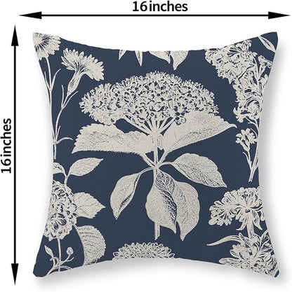 Blue Pillow Covers 16x16 Set of 2 Boho White Floral Throw Pillows Hydrangea Herbs Botanical Decoration Pillowcase Linen Farmhouse Vintage Flower Cushion Case Outdoor Decorative for Couch Sofa