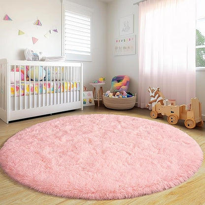 Round Fluffy Rugs 4Ft for Girls Bedroom, Pink Shag Circle Kids Rug Non-Slip for Bedside Dorm Nursery Playroom, Soft Cute Area Rugs for Living Room Decor