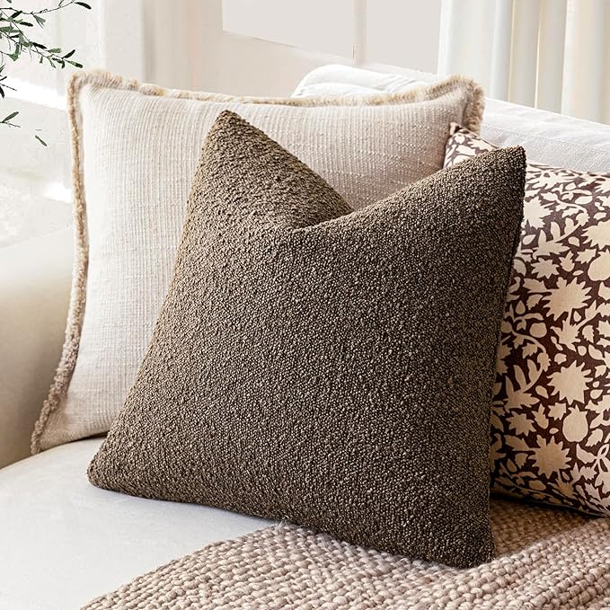 Foindtower Decorative Textured Boucle Throw Pillow Covers Accent Solid Pillow Cases Neutral Soft Cozy Couch Cushion Case for Chair Sofa Bedroom Living Room Home Decor 16x16 Inch,1PC,Light Brown