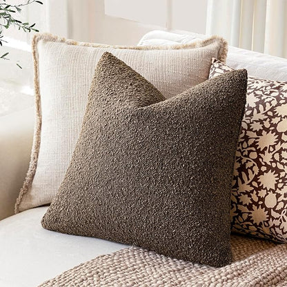 Foindtower Decorative Textured Boucle Throw Pillow Covers Accent Solid Pillow Cases Neutral Soft Cozy Couch Cushion Case for Chair Sofa Bedroom Living Room Home Decor 16x16 Inch,1PC,Light Brown