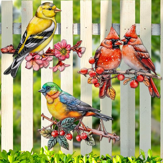 3Pcs Metal Wall Art Decor Birds on Branch, 3D Colorful Bird Outdoor Hanging Wall Art Patio Fence Decorations, Hummingbird Wall Sculptures for Indoor Outdoor Garden(Birds A)