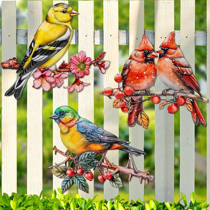 3Pcs Metal Wall Art Decor Birds on Branch, 3D Colorful Bird Outdoor Hanging Wall Art Patio Fence Decorations, Hummingbird Wall Sculptures for Indoor Outdoor Garden(Birds A)