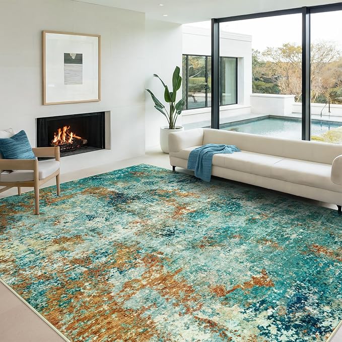 Washable Area Rugs for Living Room 9x12 - Large Neutral Modern Abstract Rug, Soft Low Pile Carpet with Non Slip Backing for Under Dining Room Table, Bedroom, Home, Office, Dorm - Teal Brick
