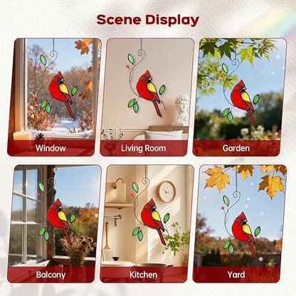Cardinal Stained Glass Window Hanging, IDEA SHOW Red Cardinal Suncatcher, Real Glass Window Hanging Ornament, Handmade Bird Home Decor Memorial Gift for Women, Mom, Bird Lover