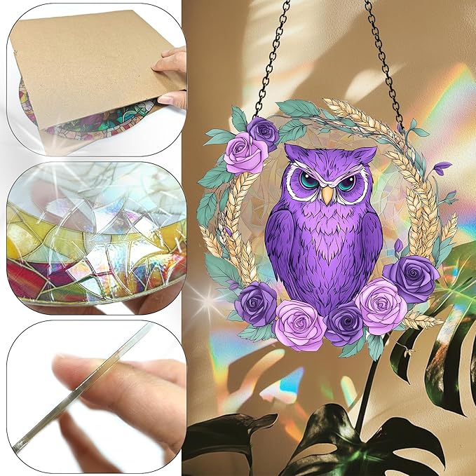 VAIIEYO Owl Acrylic Sun Catcher Window Hanging Decoration, 7.8 Inch Double-Sided Light Reflecting Ornament for Window, Garden, Porch or Balcony Decor, Housewarming, Gift for Natural Lovers