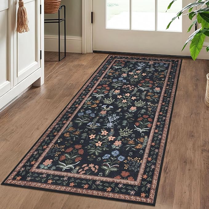 Boho 2x5 Runner, Black Navy Floral Washable Hallway Runner, Non-Slip Kitchen Runner, Super Thin Printed Faux Wool Soft Carpet for Entryway, Front Door, Backdoor, Bedside