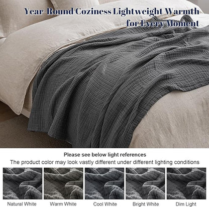 PHF 100% Cotton Muslin Blanket Twin XL Size 66"x90", 4-Layer Lightweight Gauze Throw, Breathable Cloud-Soft Minimalist Blanket for Bed, Couch, Camping & Baby, Greyish Black, Ideal Gift