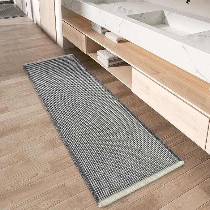Upgraded Waffle Runner Rug Super Absorbent Non Slip Bath Mats for Bathroom Machine Washable Bathroom Runner Rug with Tassels, Ideal for Hallway Bedroom Laundry Room, 17" x 60", DarkGrey & Cream