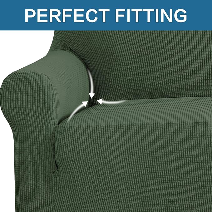 H.VERSAILTEX Stretch Couch Covers for Sofa 1 Piece Slipcovers for Couches 3 Seater Couch Cover Feature Thick Checked Jacquard Fabric with Elastic Bottom(Large Sofa 90"-100" Wide, Bronze Green)