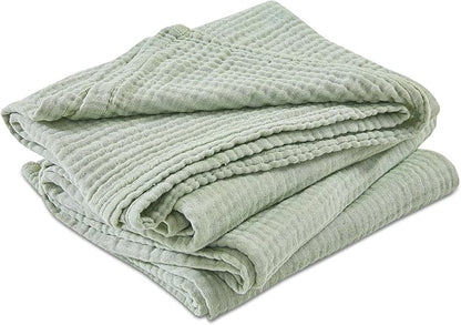 EMME Cotton Muslin King Blanket Bed Layering Bedspread Coverlet Breathable Gauze Soft Lightweight (Heather Sage Green, 108"x90")