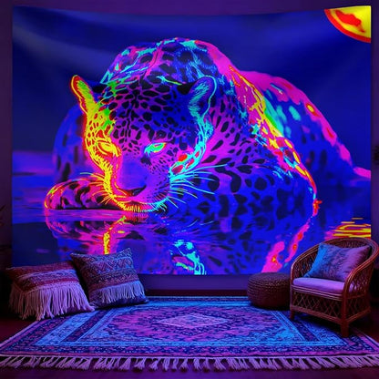 seewan Black Light Leopard Tapestry, UV-Reactive Purple Jaguar Water Reflection Wall Hanging, Psychedelic Wildlife Art Wall Decoration for Bedroom, Dorm, or Living Room