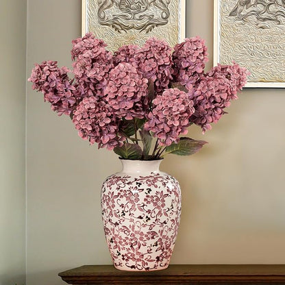 Burgundy Hydrangea Artificial Flowers,Fall Hydrangeas Artificial Flowers, Fake Fall Dried Hydrangea Decoration,Faux Silk Flower with Stems Winter Decor(Red Rose 24" 8pcs) Without Vase