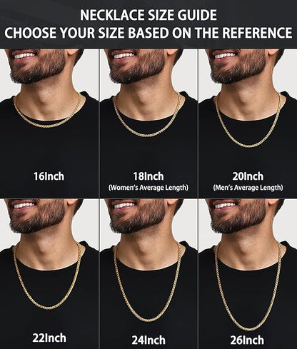 Jewlpire 4mm Wheat Chain Necklace for Men, Silver Tone/Black/14K Gold Plated Stainless Steel Necklace Chain, Mens Chains Necklaces 16 18 20 22 24 26 Inch