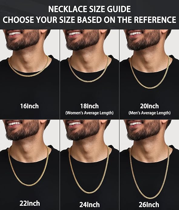 Jewlpire 4mm Wheat Chain Necklace for Men, Silver Tone/Black/14K Gold Plated Stainless Steel Necklace Chain, Mens Chains Necklaces 16 18 20 22 24 26 Inch
