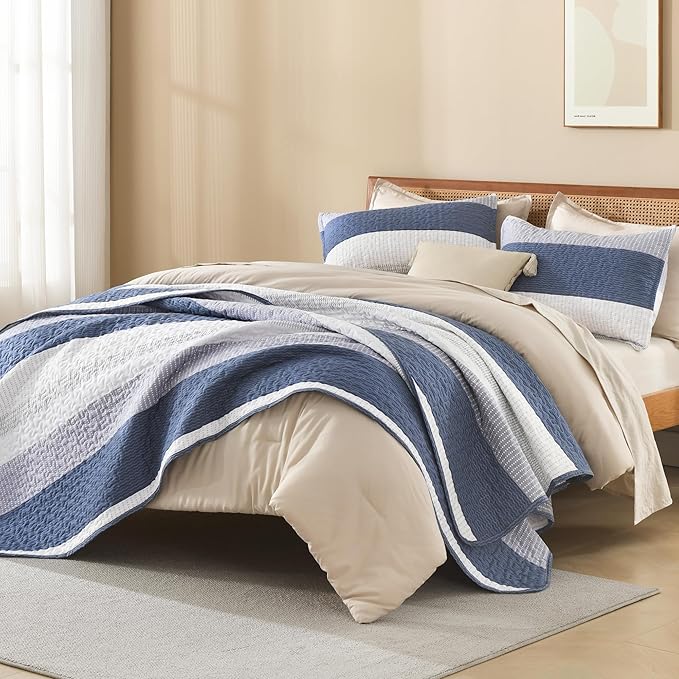Litanika Quilt Queen Size Mineral Blue, Stripe Patchwork Summer Bedspread Coverlet 3 Pieces, Soft Lightweight Microfiber Quilted Bedding Set for All Season(1 Quilt, 2 Pillowcases)