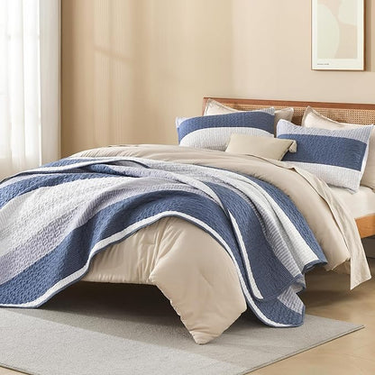 Litanika Quilt King Size Mineral Blue, Stripe Patchwork Summer Bedspread Coverlet 3 Pieces, Soft Lightweight Microfiber Quilted Bedding Set for All Season(1 Quilt, 2 Pillowcases)