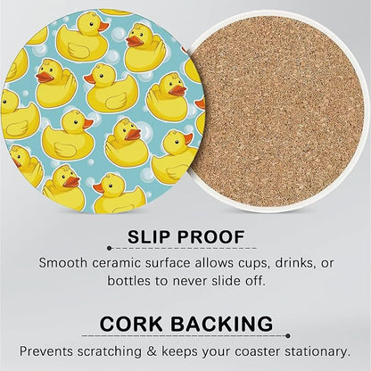 Drink Coasters for Drinks Set of 6,Cute Duck Absorbent Round Ceramic Stone Mat Coaster, with Cork Base and Metal Holder, Home Bar Decor House Warming Gift