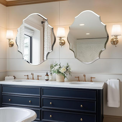 Frameless Scalloped Wall Mirror: Decorative Scallop Oval Mirrored Glass Vanity with Beveled Silver Edge for Bathroom Bedroom Livingroom Dining Room Entryway Hallway, 32 x 25 inch