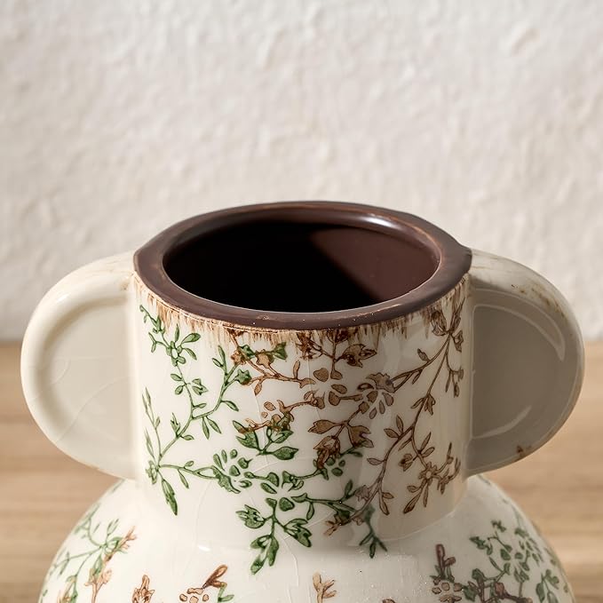 Green and Beige Vintage Pastoral Vase with Handle, 5.63 Inch Ceramic Cracked Chinoiserie Floral Vase, Antique Vases for Rustic Farmhouse Home Decor, Wedding, Living Room, Office, Shelf Decor