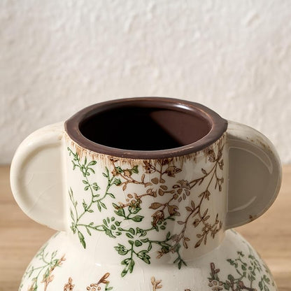 Green and Beige Vintage Pastoral Vase with Handle, 5.63 Inch Ceramic Cracked Chinoiserie Floral Vase, Antique Vases for Rustic Farmhouse Home Decor, Wedding, Living Room, Office, Shelf Decor