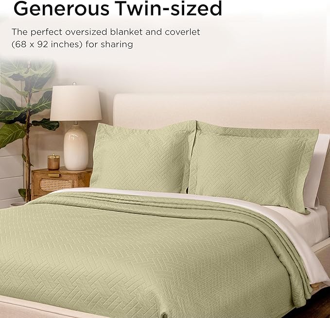 Threadmill Luxury Cotton Blankets for Twin Size Bed | All-Season 100% Cotton Twin Blanket for Bed | Criss Cross Jacquard Lightweight, Soft & Cozy Coverlet, 350GSM, 68 x 90 inches | Sage Green
