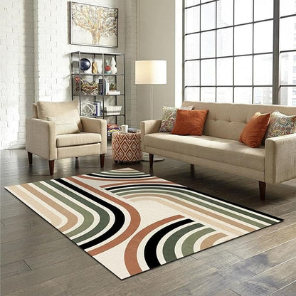 Boho Nordic Rainbow Area Rug, Geometry Dark Green Curved Hook Art Home Decor Rug, Indoor Non-Slip Kids Rugs, Machine Washable Breathable Durable Carpet for Front Entrance Floor Decor,5 x 6ft