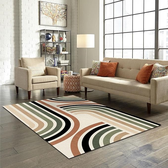 Boho Nordic Rainbow Area Rug, Geometry Dark Green Curved Hook Art Home Decor Rug, Indoor Non-Slip Kids Rugs, Machine Washable Breathable Durable Carpet for Front Entrance Floor Decor,2 x 6ft